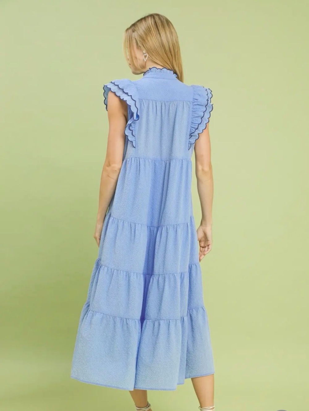 🩵Hello Gorgeous! Umgee Seersucker Ruffle Sleeve Tiered Midi Dress- Sky Blue - Picture 4 of 9